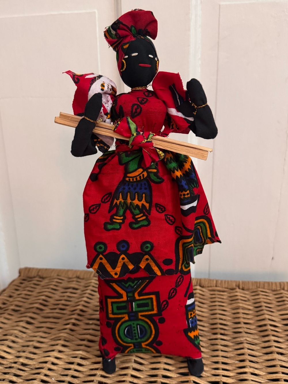 Vintage Handmade African Cloth Doll Mother Carrying Baby Folk Art 12.5β
